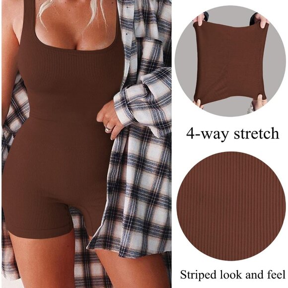 🆕 Women Brown Workout Unitard Bodysuit Seamless Yoga Ribbed Active Romper Sexy - Picture 6 of 7